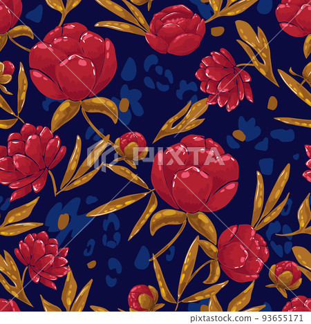 Pink peonies on a blue background with leopard spots seamless pattern. Suitable for printing on fabric and paper. Vector illustration. 93655171