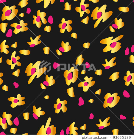 Golden leopard on black background seamless pattern. Abstract pink flower spots. Animalistic vector background. Golden leopard on black background seamless pattern. Abstract pink flower spots. Animalistic vector background. 93655189