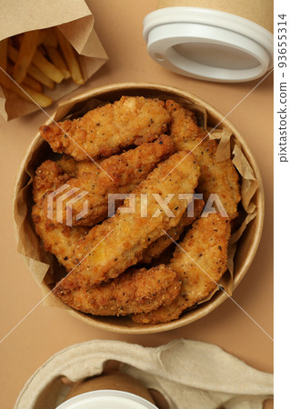 Concept of tasty food with Chicken strips, top view 93655314