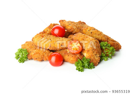 Concept of fast food with chicken strips isolated on white background Concept of fast food with chicken strips isolated on white background 93655319