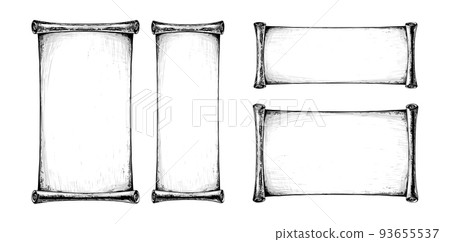 Set of unfolded rolls of paper, papyrus scroll, ancient parchment with space for text. Hand drawn vector illustration isolated on white background. 93655537