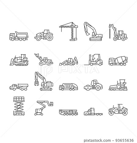 construction car vehicle tractor icons set vector 93655636