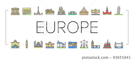 Europe Monument Construction Icons Set Vector 93655841