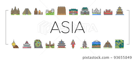 Asia Building And Land Scape Icons Set Vector 93655849