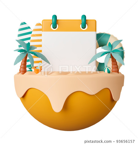3d render beach island with blank calendar, palm trees, surfboard and swim ring. 3d render beach island with blank calendar, palm trees, surfboard and swim ring. 93656157