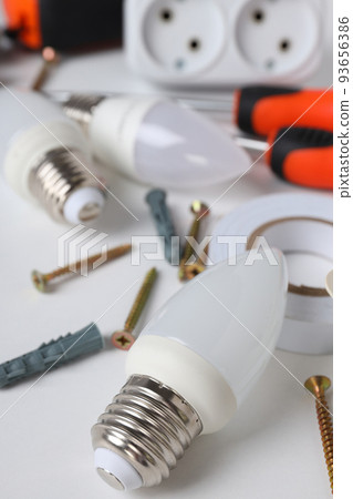 Concept of electrician or electrical tools, close up Concept of electrician or electrical tools, close up 93656386