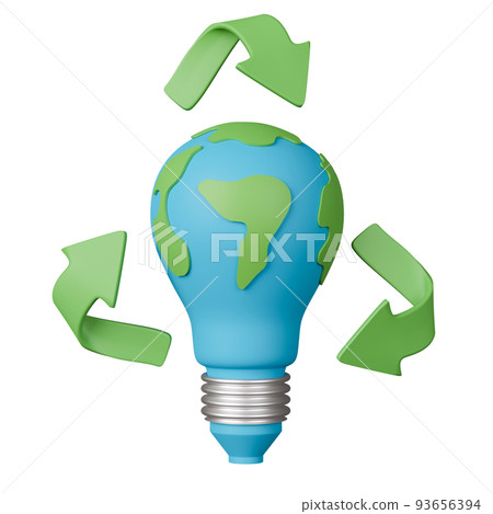 3d render earth shaped light bulb with recycle arrow. 3d render earth shaped light bulb with recycle arrow. 93656394