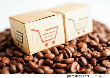Shopping cart box on coffee beans, shopping online for export or import. Shopping cart box on coffee beans, shopping online for export or import. 93656396