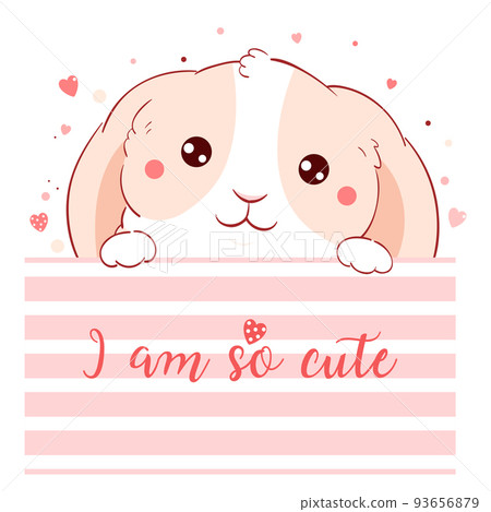 Cute Valentine card in kawaii style. Lovely bunny with pink hearts 93656879