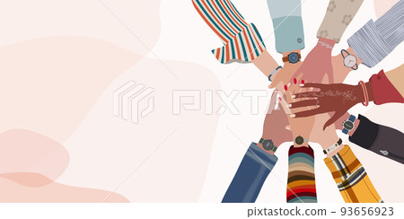 Group hands on top of each other of diverse multi-ethnic and multicultural people.Diversity people. Racial equality. Concept of teamwork community and cooperation.Diverse culture.Oneness 93656923
