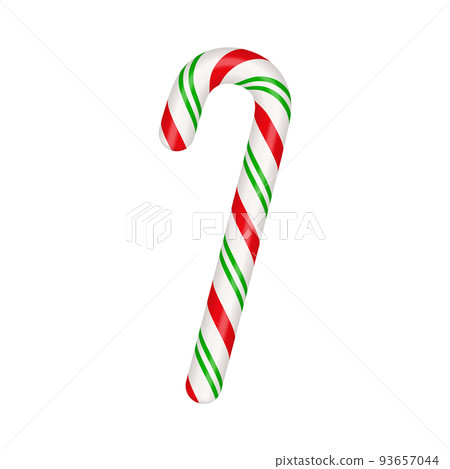 Christmas candy cane. Christmas stick. Traditional xmas candy with red, green and white stripes. Santa caramel cane with striped pattern. Vector illustration isolated on white background 93657044