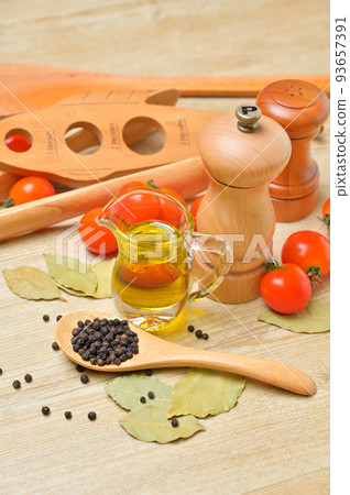 Image of cooking utensils. Aluminum frying pans, utensils, cooking, table. Image of cooking utensils. Aluminum frying pans, utensils, cooking, table. 93657391