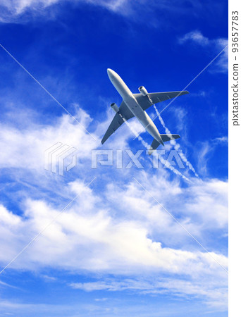 Vertical nature background with aircraft and Jet trailing smoke in the sky. Airplane and condensation trail 93657783