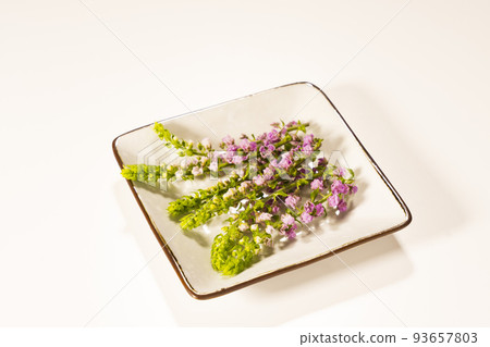 放在盤子上，花頭放在白色背景上 93657803