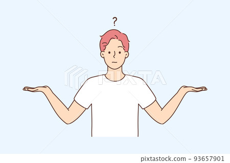 Confused man comparing options Confused man comparing options 93657901