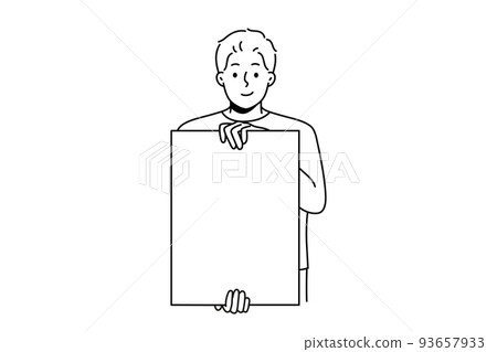 Smiling man holding white mockup poster  93657933
