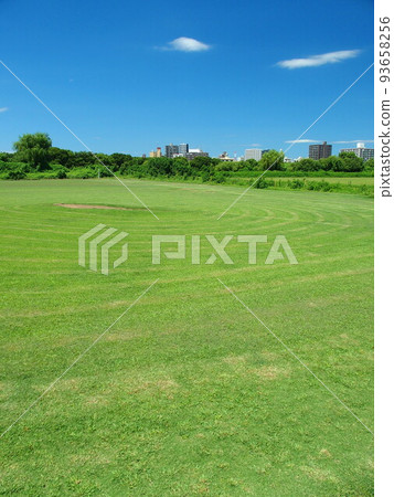 Scenery of a baseball field on the riverbed of the Edogawa river where weeds were removed on a midsummer weekday 93658256