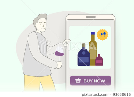 Alcohol E-commerce - online purchase of alcohol concept. Specialized alco shop online mobile store with payment and remote delivery. A character with a glass of wine orders beverage delivery 93658616