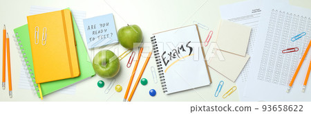 Concept of exams and tests, top view Concept of exams and tests, top view 93658622