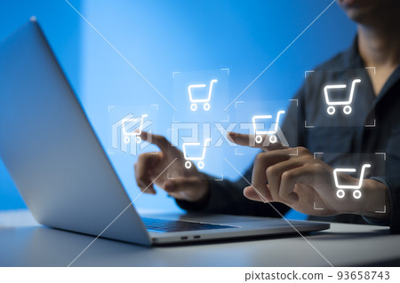 shopper using laptop online shopping. And online payment option or digital wallet online transaction concept. 93658743