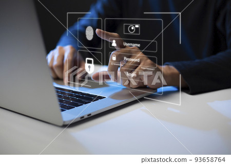 Person using laptop and touching virtual screen for two-factor authentication for safety use of social networks and access to information privacy 93658764