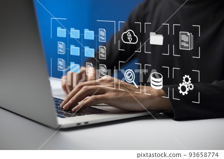 Document Management System (DMS) Online Document Database and automated processes to manage files, knowledge, and documents in an organization effectively with ERP, enterprise business technology. 93658774