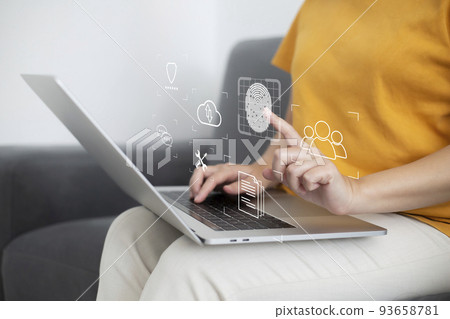 Person touching virtual screen to scan fingerprints, digital transformation management concept. Internet of Things, Big Data and Business Processes, Automation, Storage Systems, Cloud Computing Person touching virtual screen to scan fingerprints, digital transformation management concept. Internet of Things, Big Data and Business Processes, Automation, Storage Systems, Cloud Computing 93658781