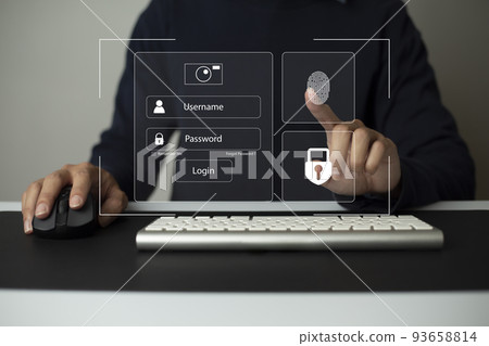 Person using laptop and touching virtual screen for two-factor authentication for safety use of social networks and access to information privacy 93658814