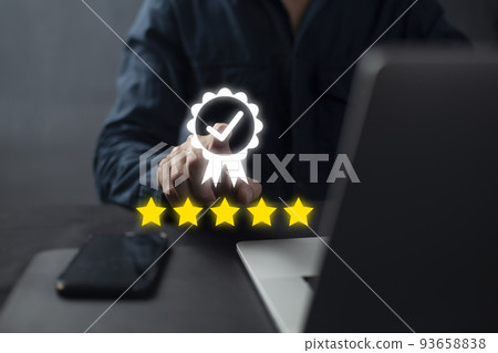 Businessman showing sign of leading service, 5 star quality assurance, warranty, standardization, ISO certification and standardization concept. 93658838