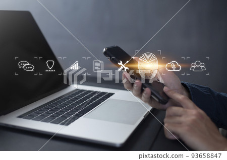 Person touching virtual screen to scan fingerprints, digital transformation management concept. Internet of Things, Big Data and Business Processes, Automation, Storage Systems, Cloud Computing 93658847