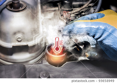 Car radiator overheating and smoke with a high temperature signal symbol 93658949