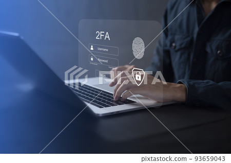 Person using laptop and touching virtual screen for two-factor authentication for safety use of social networks and access to information privacy Person using laptop and touching virtual screen for two-factor authentication for safety use of social networks and access to information privacy 93659043