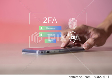 Businessman touching smartphone and using virtual screen for two-factor authentication for safety use of social networks and access to information privacy Businessman touching smartphone and using virtual screen for two-factor authentication for safety use of social networks and access to information privacy 93659181