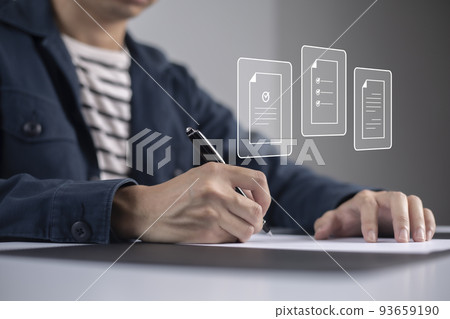 Businessman, work from home, handling documents, E-signing, signing digital contracts electronic signing electronic signature through internet technology document data management smart contract Businessman, work from home, handling documents, E-signing, signing digital contracts electronic signing electronic signature through internet technology document data management smart contract 93659190