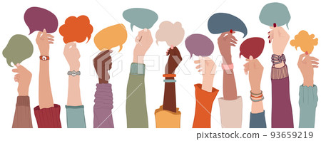 Arms and hands holding speech bubble. Agreement or affair between a group of multiethnic colleagues or collaborators. Diversity People who sharing information. Co-workers. Community 93659219