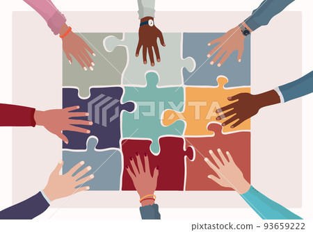 Agreement or affair between a group of colleagues or co-workers.Hands joining puzzle pieces on a table.Diversity People Exchange of ideas. Concept of sharing and exchange.Community 93659222