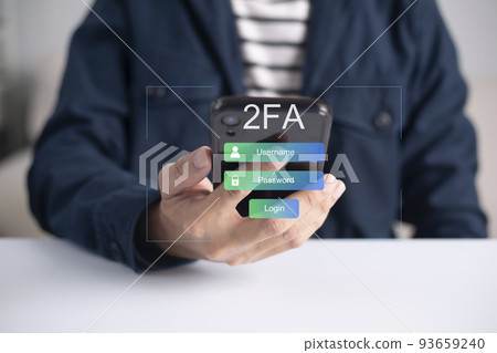 Businessman using smartphone and touching virtual screen for two-factor authentication for safety use of social networks and access to information privacy Businessman using smartphone and touching virtual screen for two-factor authentication for safety use of social networks and access to information privacy 93659240