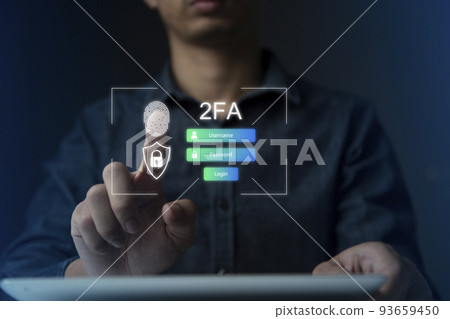 Businessman using tablet and touching virtual screen to fingerprint scan for two-factor authentication for safety use of social networks and access to information privacy 93659450