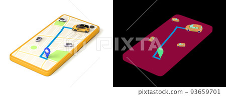 Ordering a taxi cab online internet service transportation concept navigation pin pointer with  yellow taxi on phone screen 3d render illustration on white with alpha 93659701