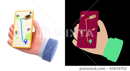 Ordering a taxi cab online internet service transportation concept navigation pin pointer with  yellow taxi on phone screen 3d render illustration on white with alpha 93659702