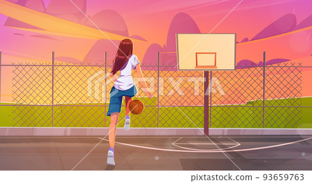 Street basketball court with girl player with ball 93659763