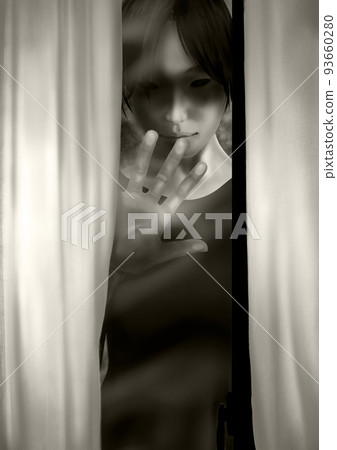 A girl whose face is a shadow peeking out of the window Sepia 93660280