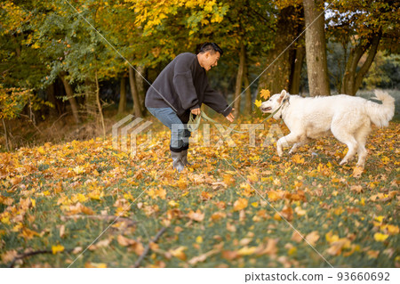 Man walk with dog on river coast at autumn morning Man walk with dog on river coast at autumn morning 93660692