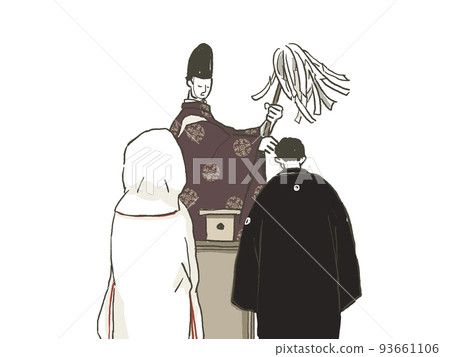 The head of the shrine with a large offering, the bride and groom in kimono (shuharai no gi), cotton hats 93661106