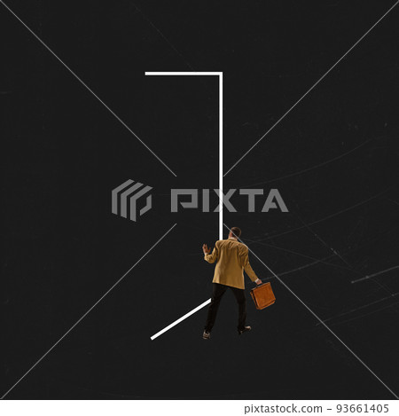 Contemporary art collage. Conceptual image. Young man, businessman carefully stepping on way to light. Overcoming darkness 93661405