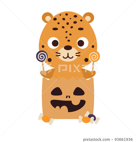 Cute Halloween cheetah sitting in a trick or treat bag with candies. Cartoon animal character for kids t-shirts, nursery decoration, baby shower, greeting card, invitation. Vector stock illustration Cute Halloween cheetah sitting in a trick or treat bag with candies. Cartoon animal character for kids t-shirts, nursery decoration, baby shower, greeting card, invitation. Vector stock illustration 93661936