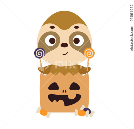 Cute Halloween sloth sitting in a trick or treat bag with candies. Cartoon animal character for kids t-shirts, nursery decoration, baby shower, greeting card, invitation. Vector stock illustration Cute Halloween sloth sitting in a trick or treat bag with candies. Cartoon animal character for kids t-shirts, nursery decoration, baby shower, greeting card, invitation. Vector stock illustration 93661952