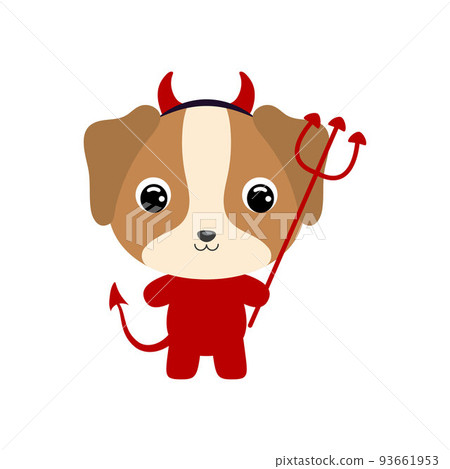 Cute little Halloween dog in a devil costume. Cartoon animal character for kids t-shirts, nursery decoration, baby shower, greeting card, invitation, house interior. Vector stock illustration Cute little Halloween dog in a devil costume. Cartoon animal character for kids t-shirts, nursery decoration, baby shower, greeting card, invitation, house interior. Vector stock illustration 93661953