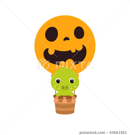 Cute little crocodile flying on Halloween hot air balloon. Cartoon animal character for kids t-shirts, nursery decoration, baby shower, greeting card, invitation. Vector stock illustration Cute little crocodile flying on Halloween hot air balloon. Cartoon animal character for kids t-shirts, nursery decoration, baby shower, greeting card, invitation. Vector stock illustration 93661981