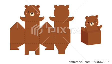 Simple packaging favor box bear design for sweets, candies, small presents. Party package template for any purposes, birthday, baby shower. Print, cut out, fold, glue. Vector stock illustration 93662006